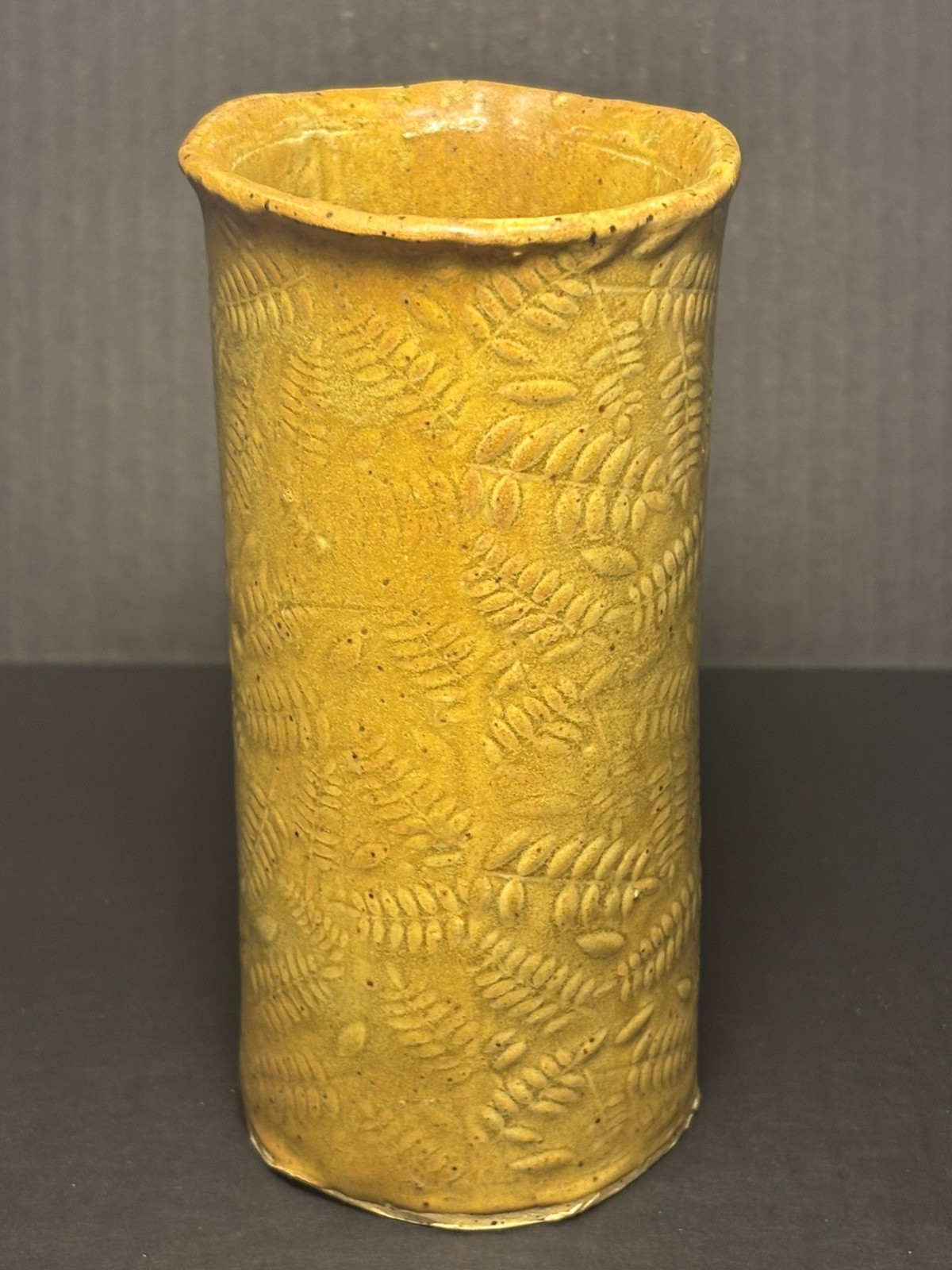 Cylindrical Botanical Impressed Fern Studio Pottery Vase Mustard Color Signed