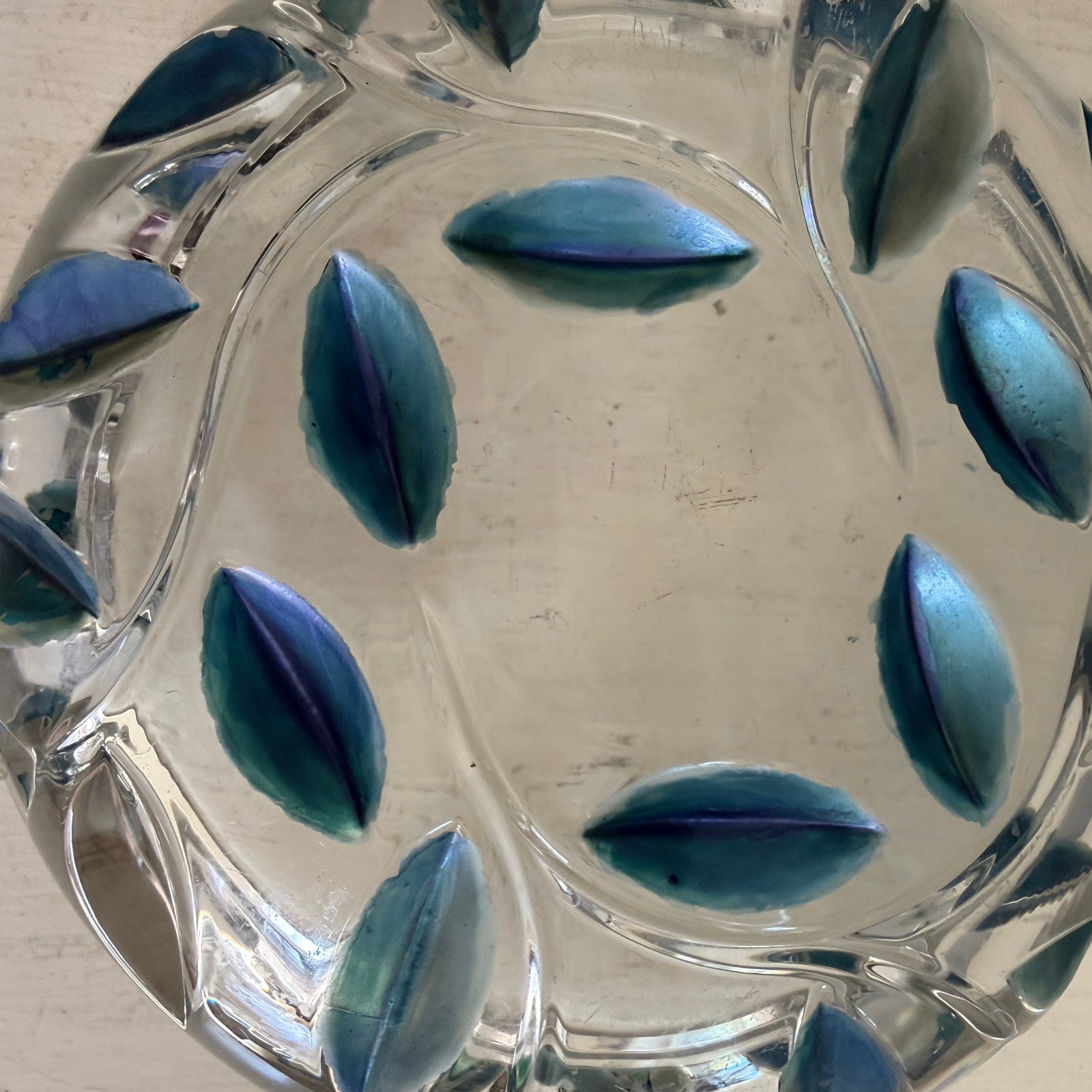 Colorful Blue & Green Leaves Heavy Glass Ashtray 7 inch Diameter 2 1/4 lbs