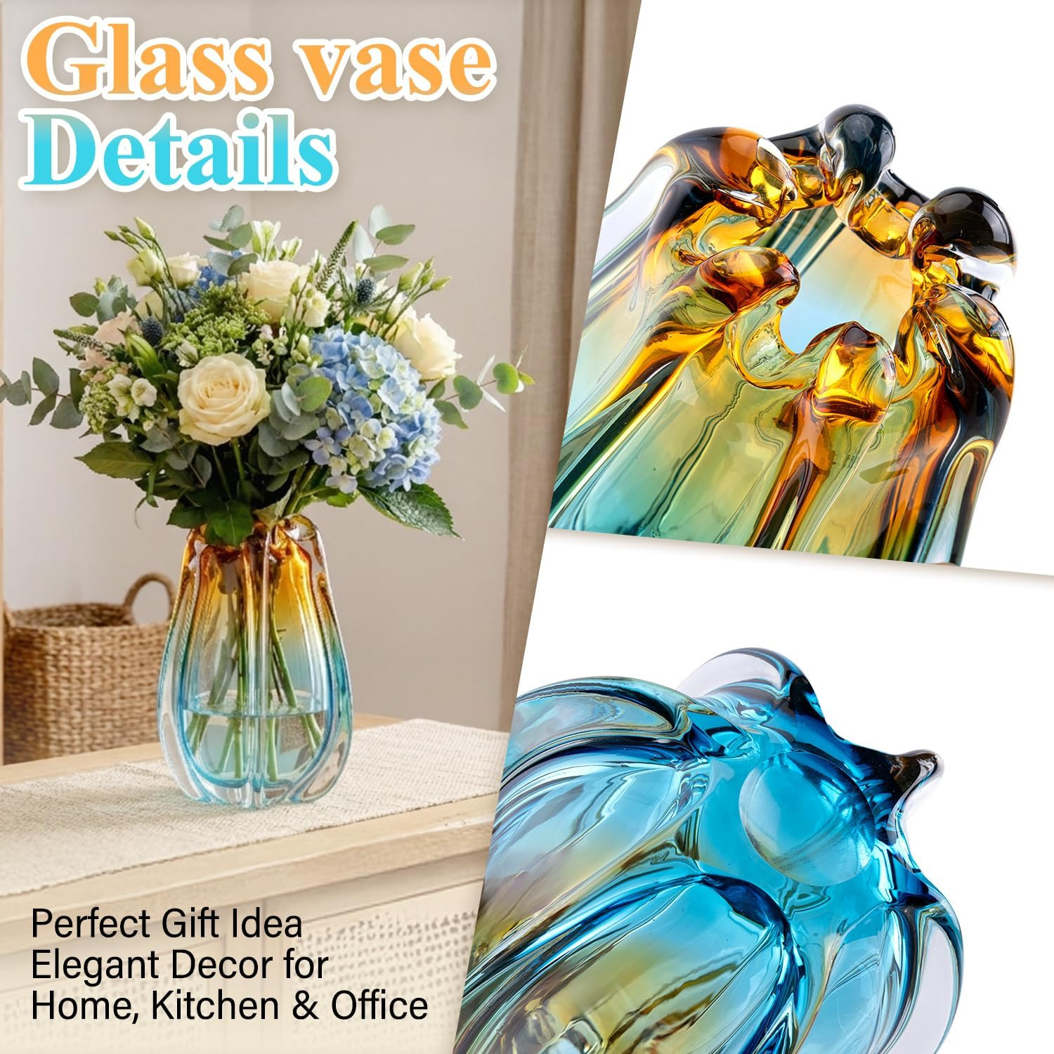 Hand Blown Glass Vase for Flowers, 9.45″ Unique Murano Style Art Glass Vase, Flu