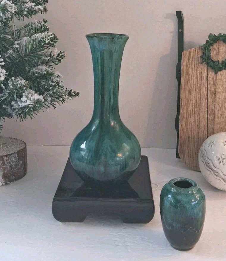 VTG 1970’s Blue Mountain Pottery Vases; 2 Pc Set, Blue/Green Drip Glaze;…