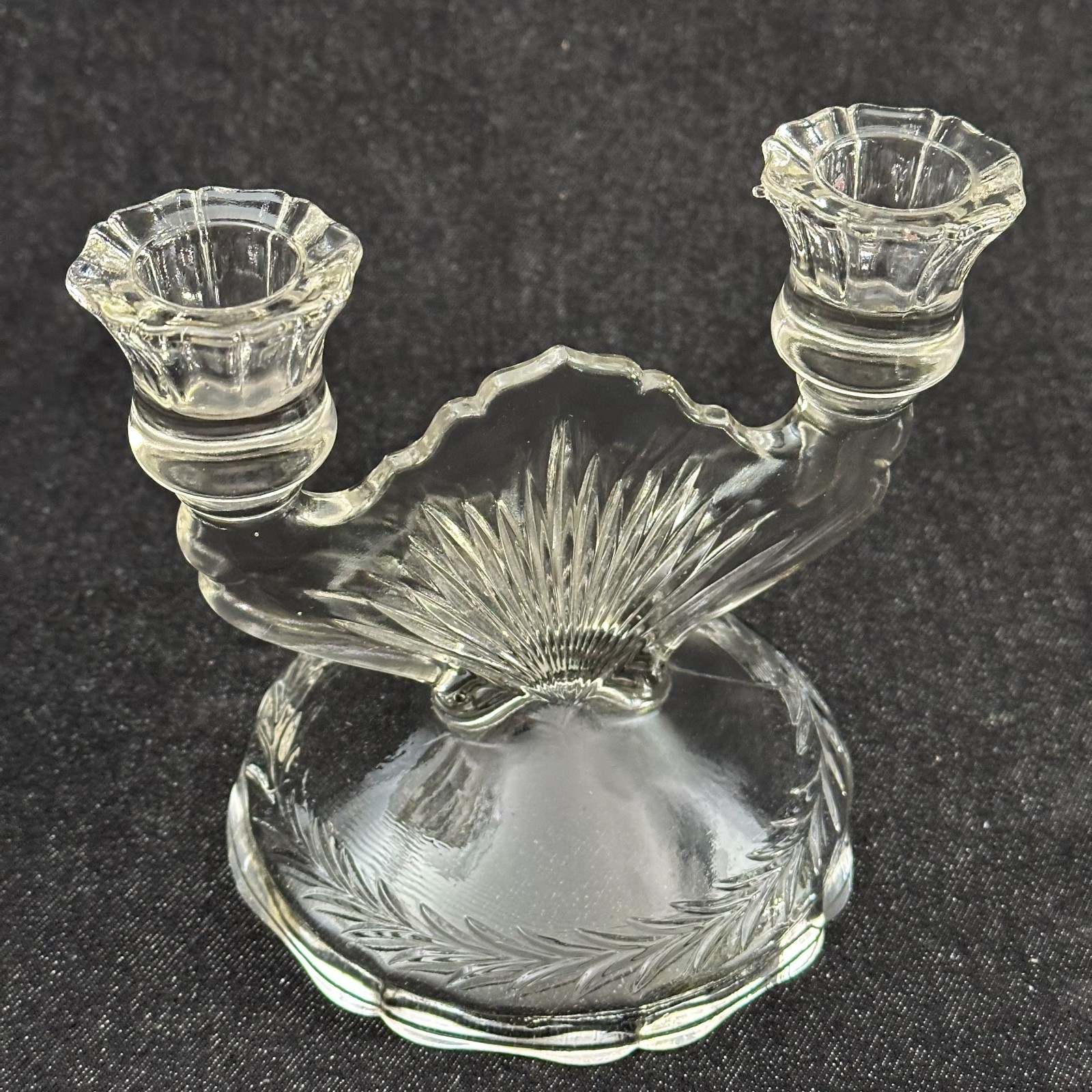 Jeannette Sunburst Herringbone Double Candlesticks 5 3/8″ Pair