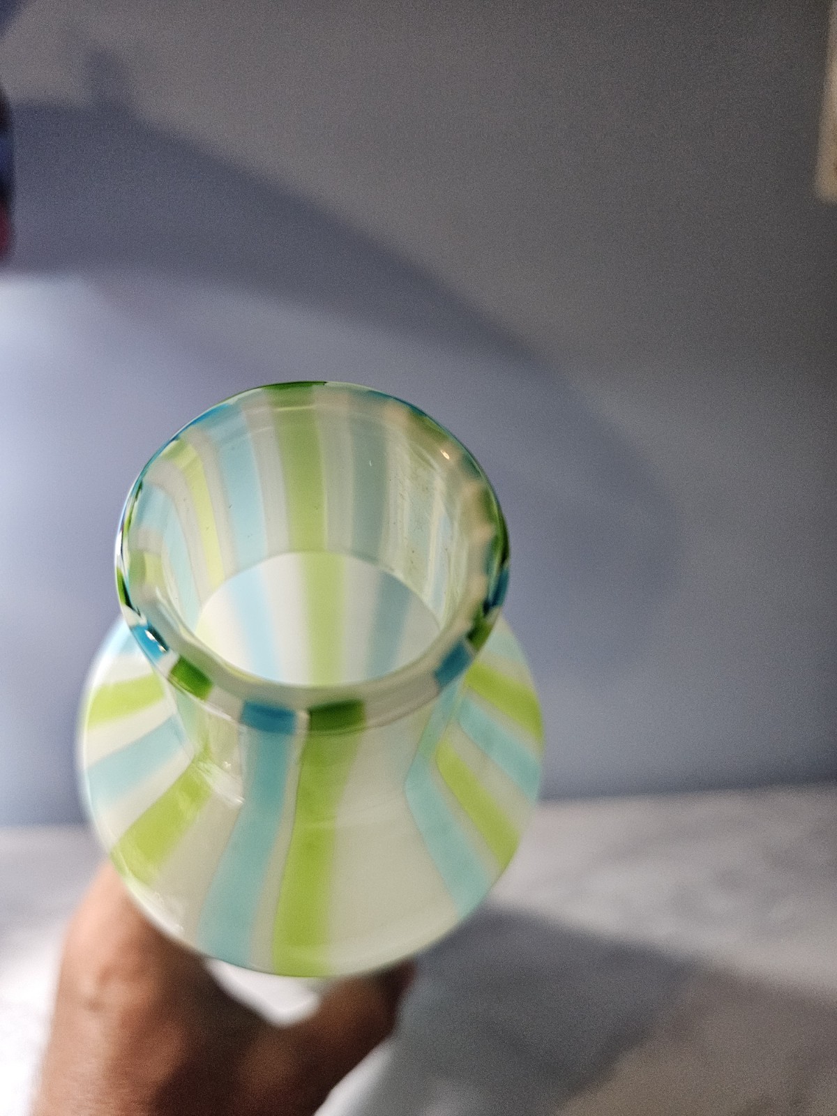 Green Blue White Striped Art Glass Vase Glossy Decorative Abstract Theme