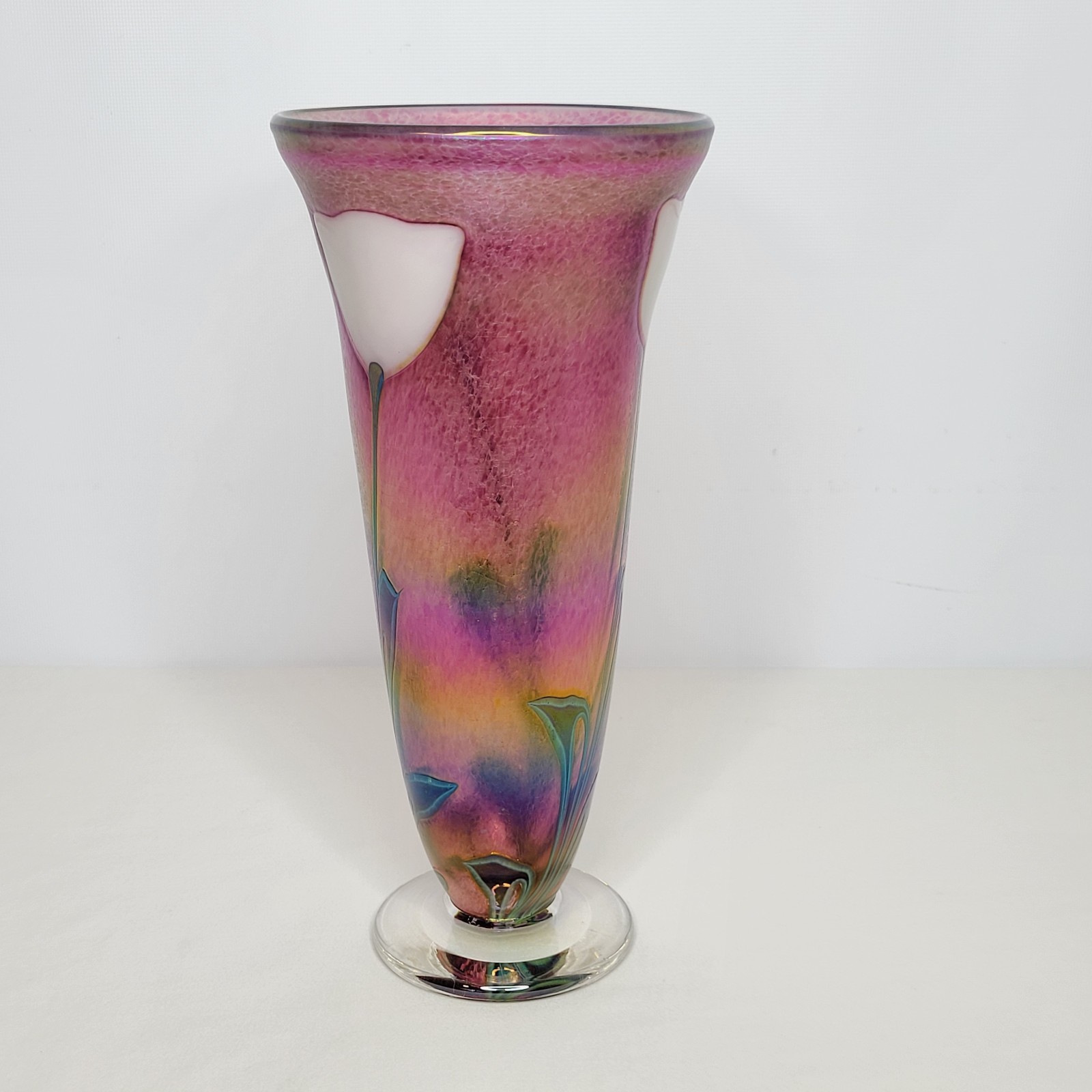 Vintage Robert Held Art Glass Iridescent Tulip Floral Footed Vase 11″ Tall