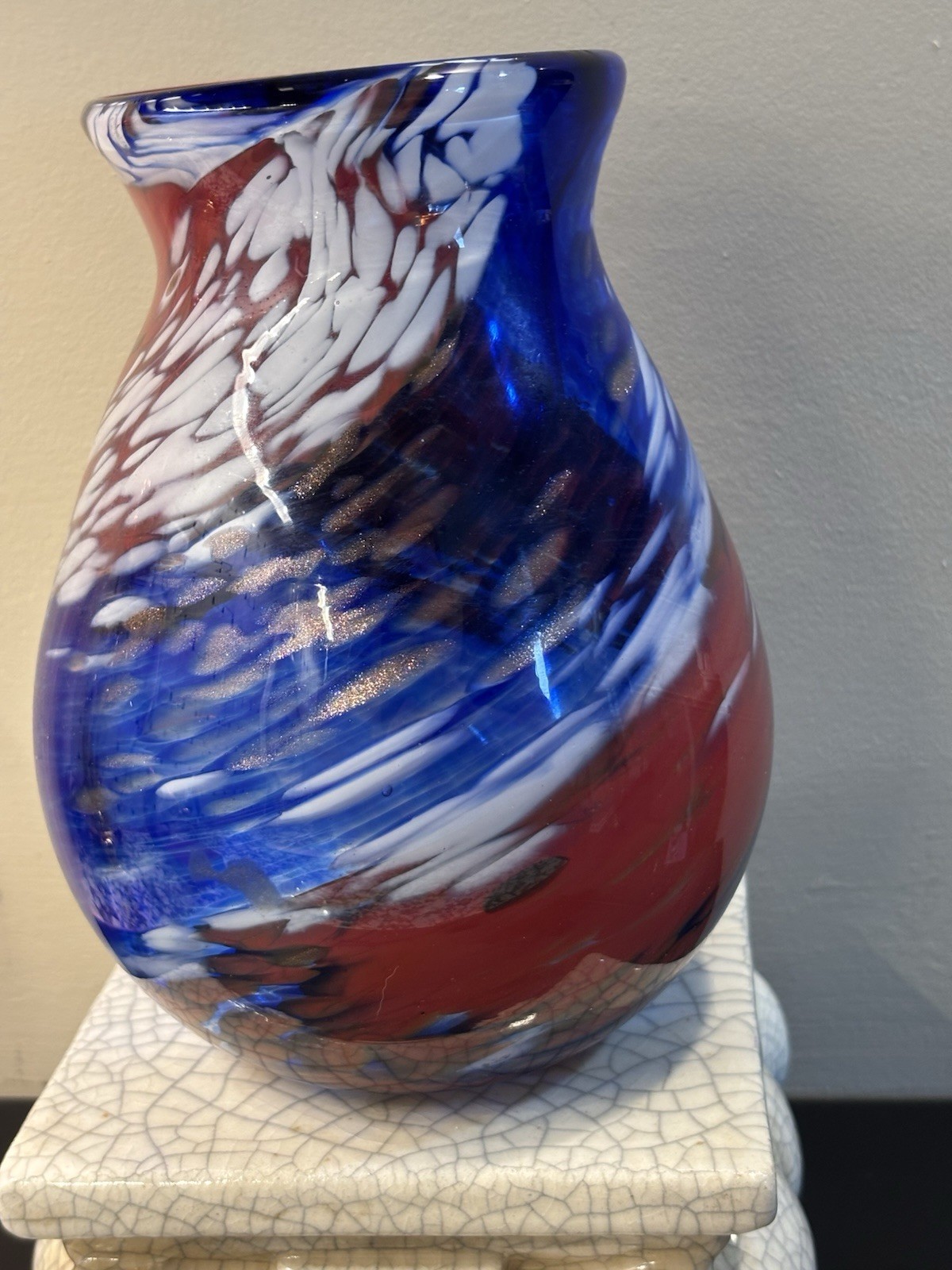 Patriotic North Carolina Artisan Blown Glass Red White Blue Vase