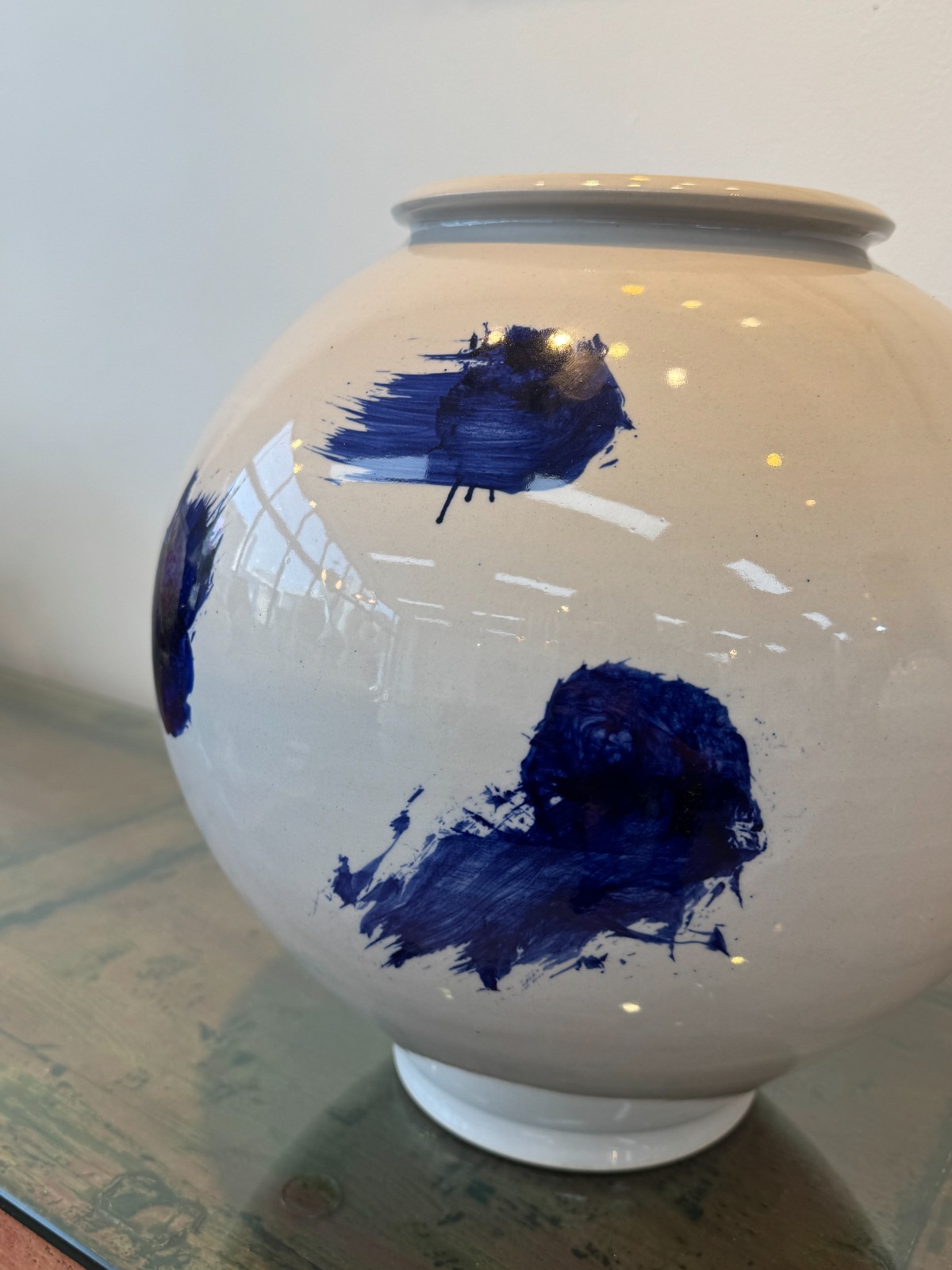 Korean Moon Jar 13″ Trinity Cobalt Brushstroke Japandi Wabi Sabi Handmade Signed