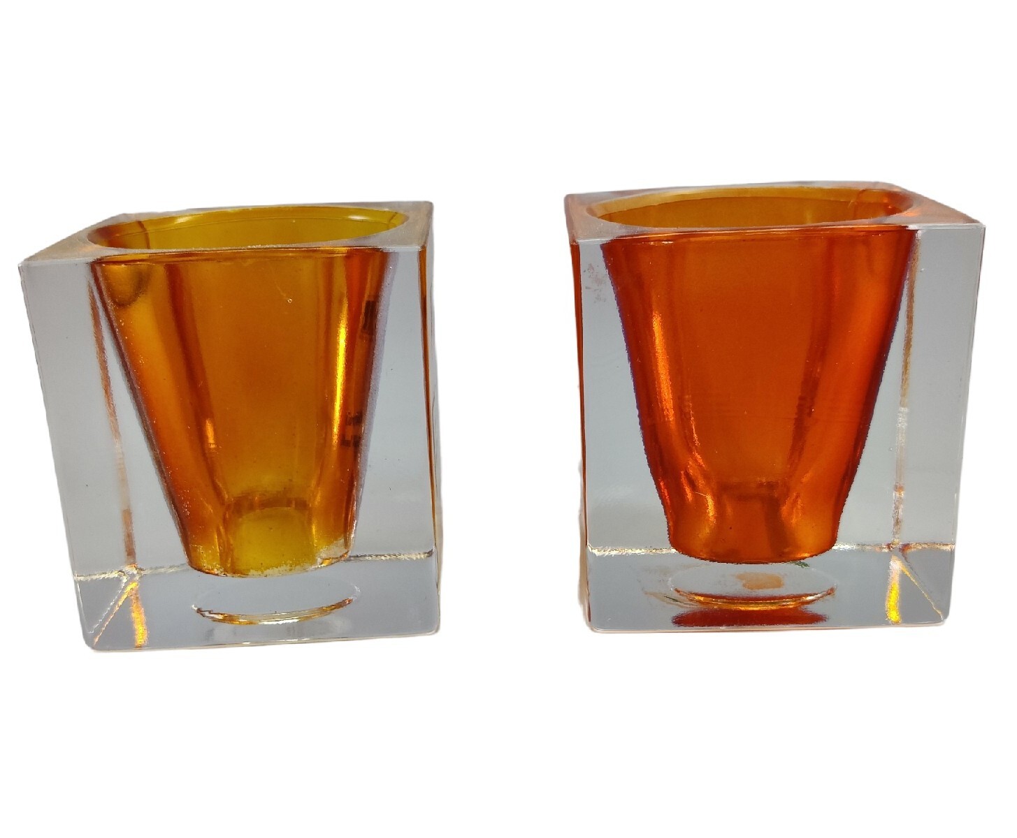 Lux Vetreria Italy Italian Orange Square Art Glass Candle Holders Votives READ!
