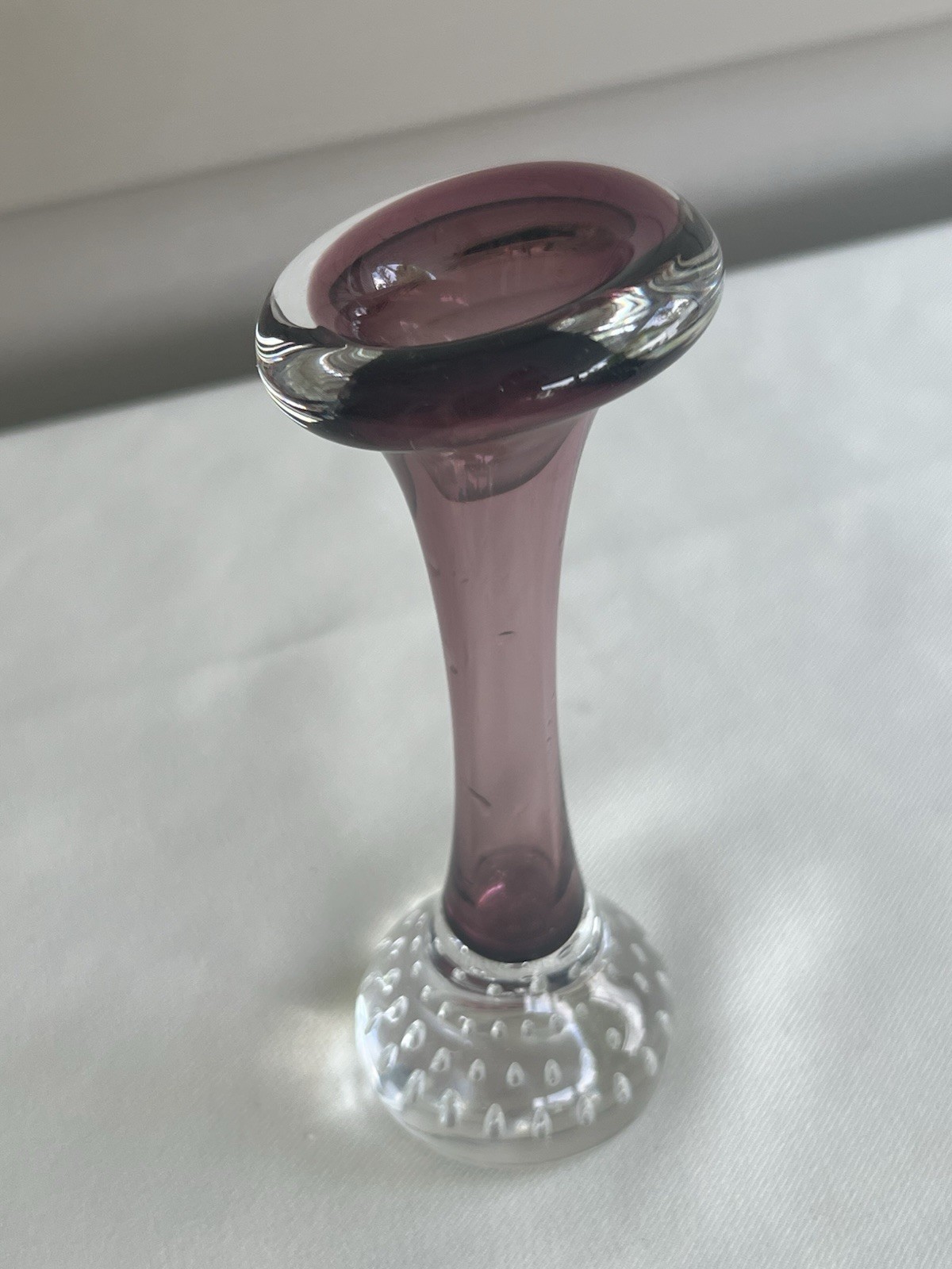 Tall Purple Art Glass Bud Vase Bubble Base Clear Foot ~6” Modern Studio Style