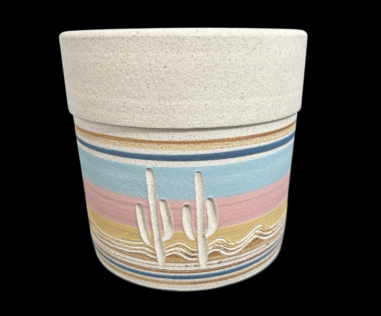 Vtg Hand Incised Painted Southwest Landscape Stoneware Pottery Planter 5″ Signed
