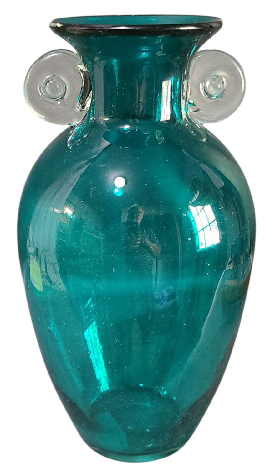 Neoclassical Style Hand Blown Art Glass Blue Clear Handle Vase