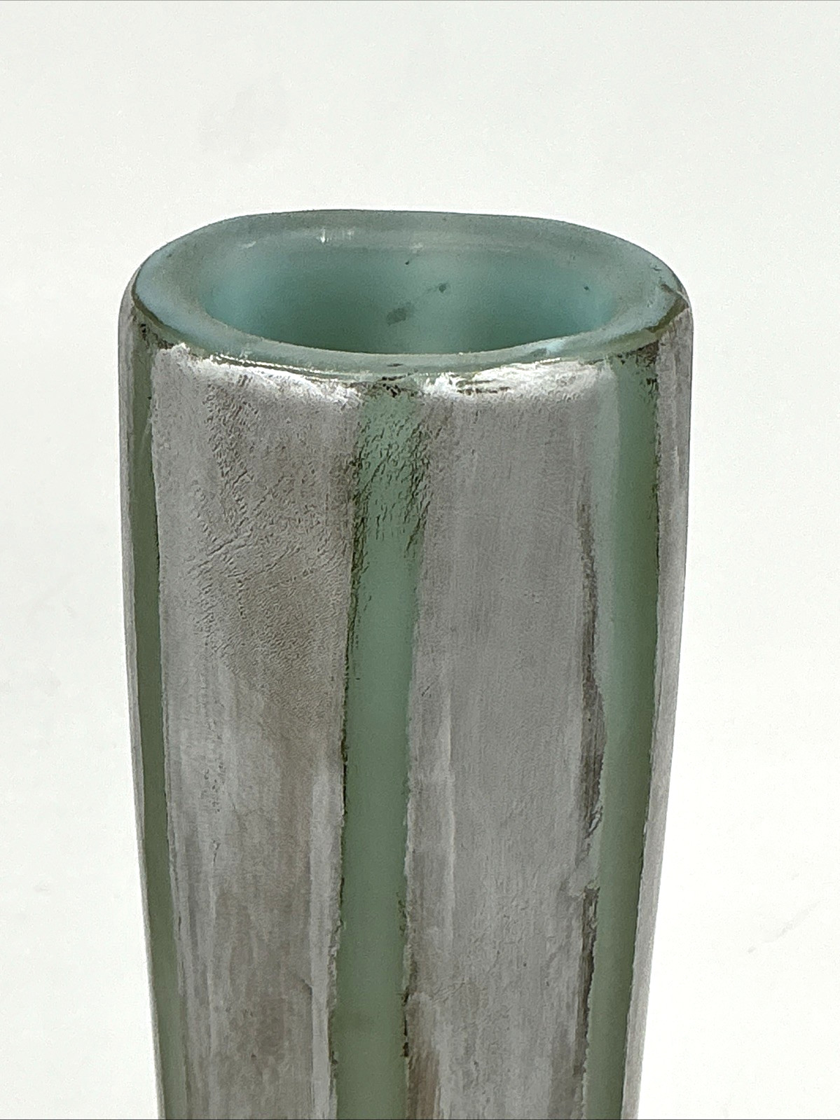 Illegibly Signed Art Glass Vase Chunky Green Glass W/ Silver Leaf 9 1/4″