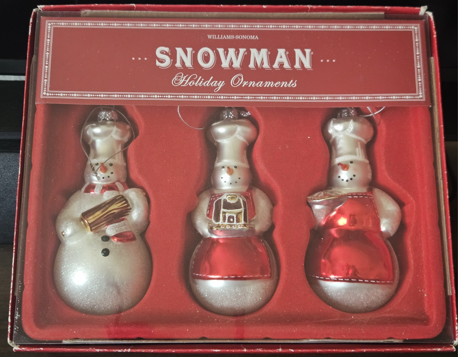 WILLIAMS-SONOMA SNOWMAN CHEFS GLASS HOLIDAY ORNAMENTS SET OF 3 CHRISTMAS