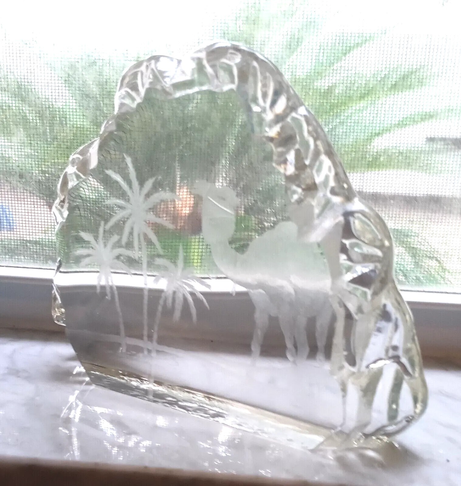 Engraved Art Glass Sculpture – Heavy Table Art Glass – Signed-Camel/Palm Trees