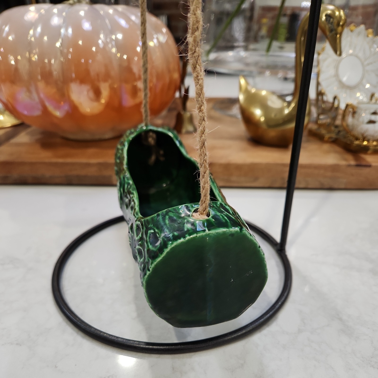 Green Glazed Pottery Log Vase with hanging rope Home Decor – 7.5″ Long