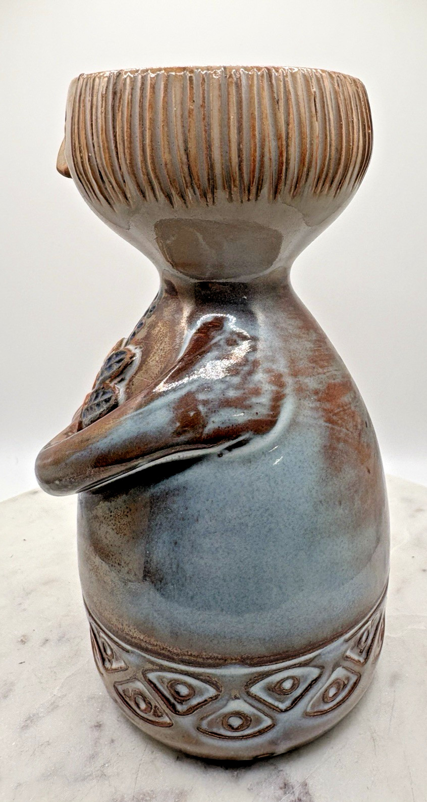 Vintage Vase Pottery With Face And Flowers La Maison du Potier 6.75″