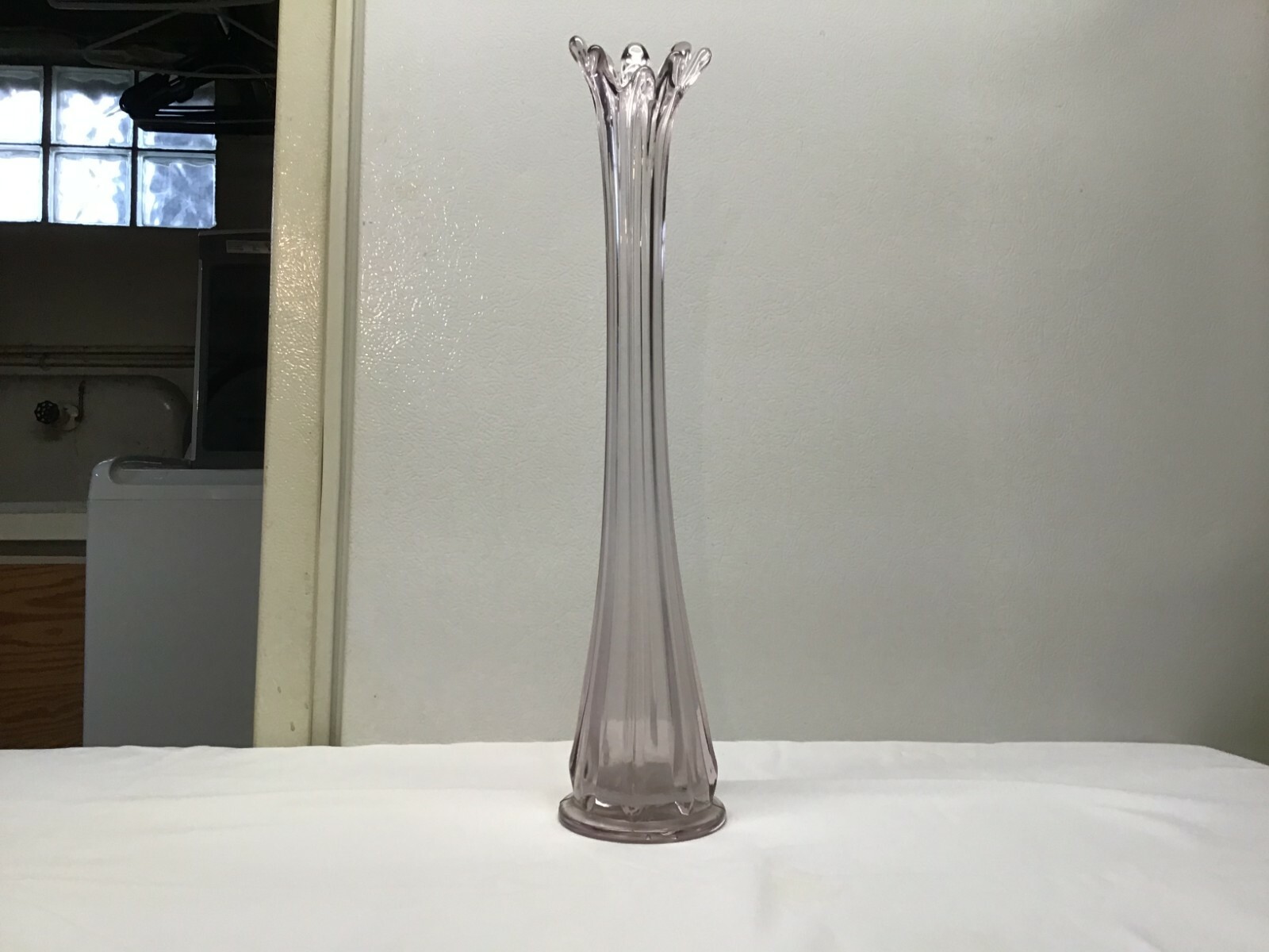Vintage U.S. Glass Co. Clear Swung Stretch Vase with Ribs & Ruffled Top – 17″