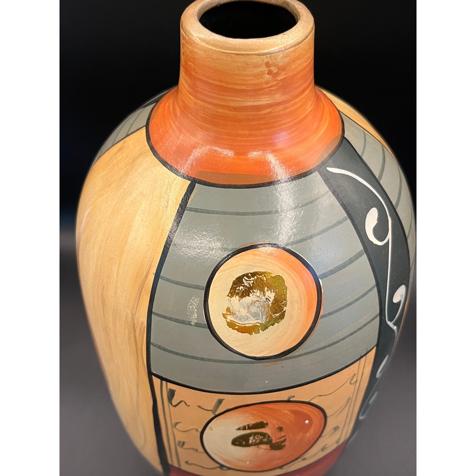 Tall Ceramic Cylindrical Multicolored Vase 14.5″ Green Red Gold Orange Decor