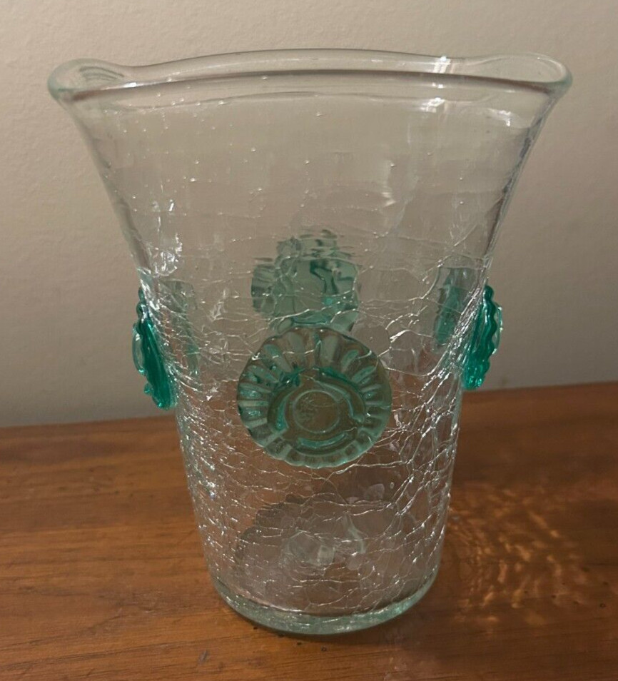 Blenko Glass Clear Crackle Vase w/ Sea Green Applied Rosettes #439 – WV