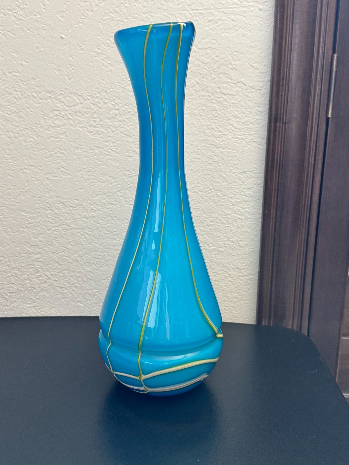 Hand Blown Studio Art Glass Vase Blue Yellow White Ribbon Swirl 15 In Tall