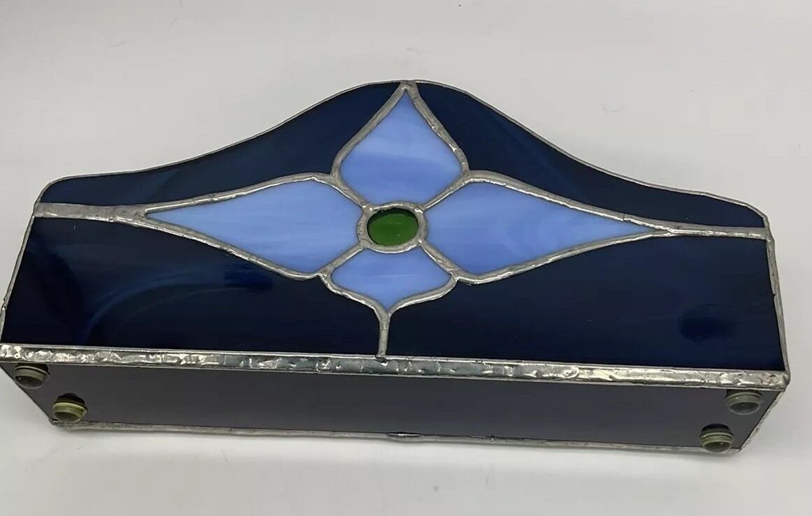 Stained Glass Blue Card Holder. Extra Long . Handmade, Vtg. Beautiful!