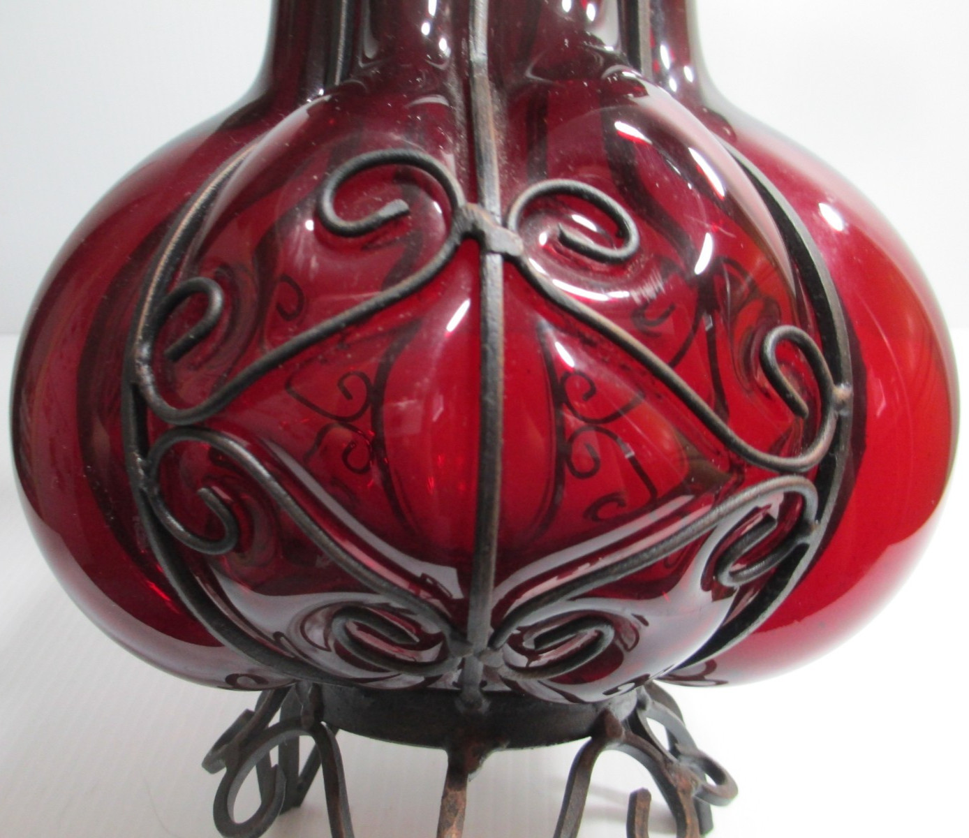 Vintage Hand-Crafted Ruby Red Glass Cased in Wrought Iron Vase 10 1/4″ Tall