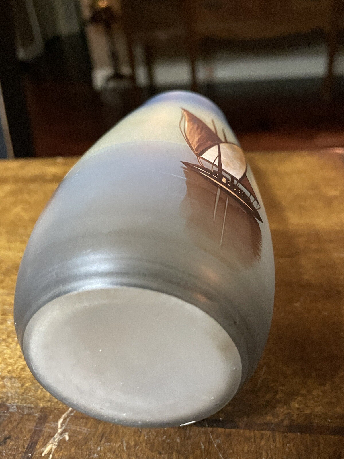 5.25″x2.5″ Blue Glass Vase Hand Painted With MCM Sailboats Vtg