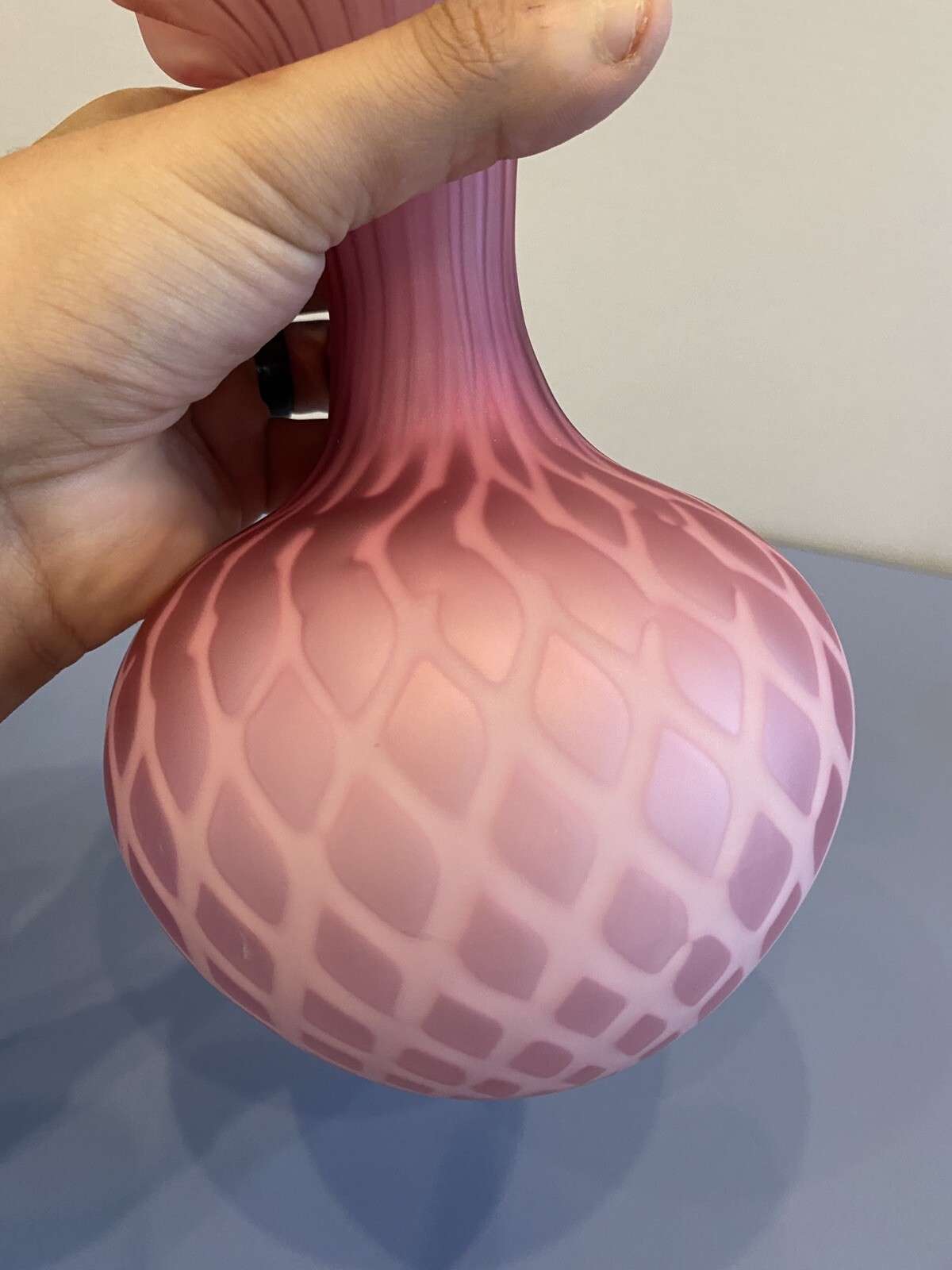 ANTIQUE Cranberry Opalescent Satin Quilted Mother Of Pearl Glass Vase 8″H