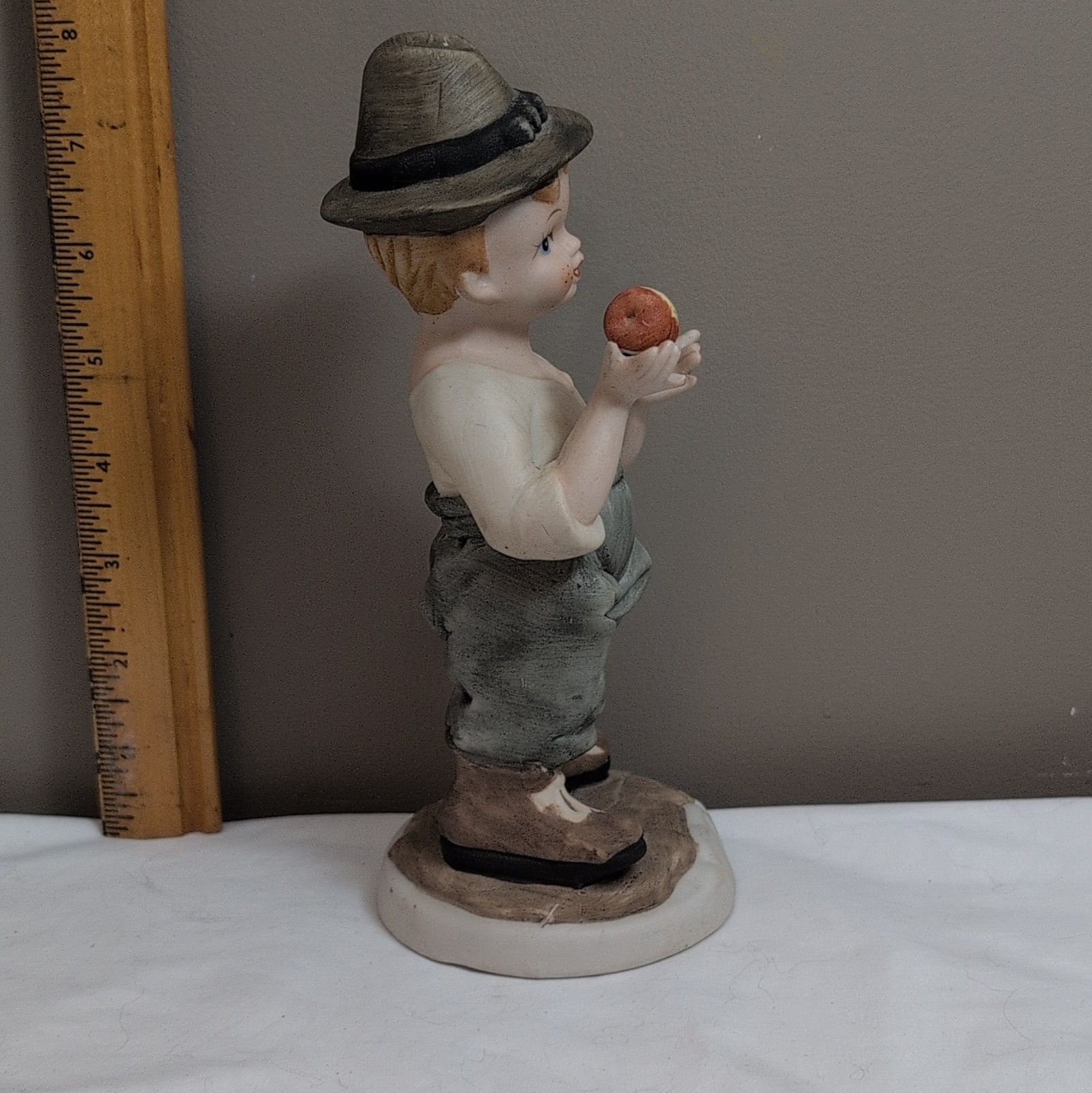 Vintage 8” Porcelain Boy with Apple Figurine – Hummel Style Mid-Century Bisque