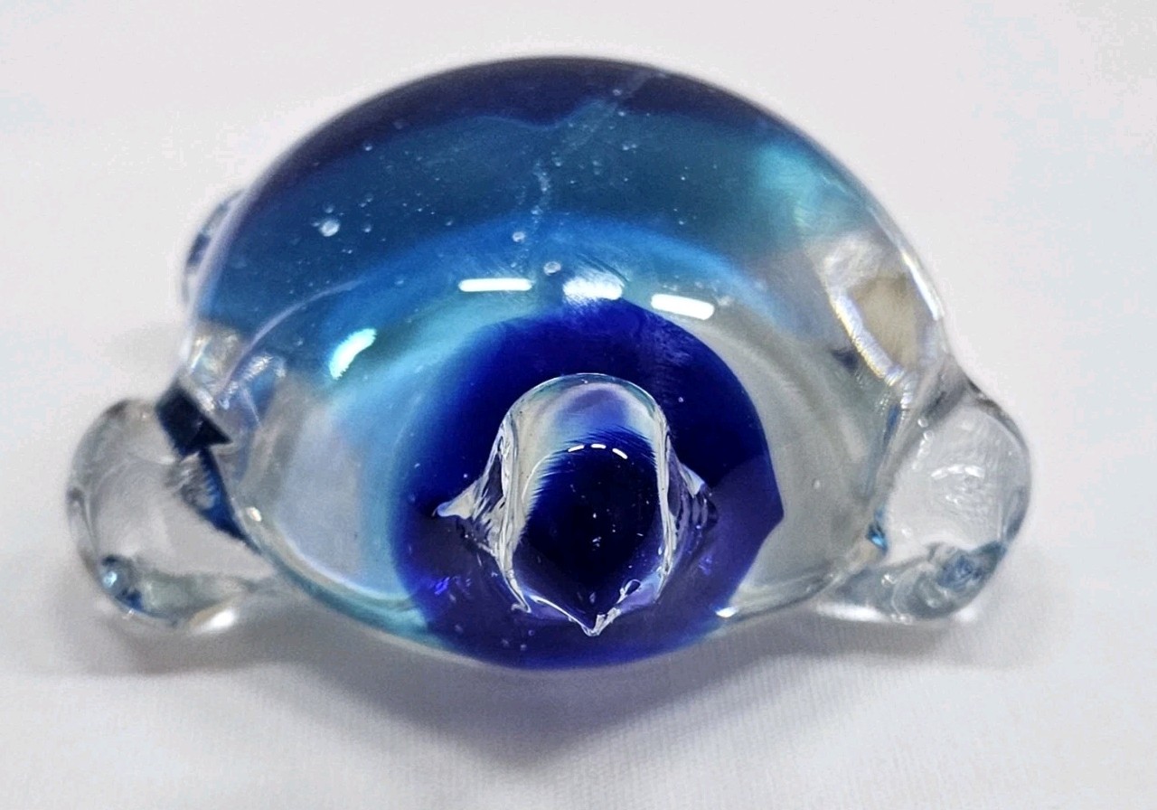 Vintage Art Glass Blue Hand Blown Sea Turtle Paper Weight Figurine