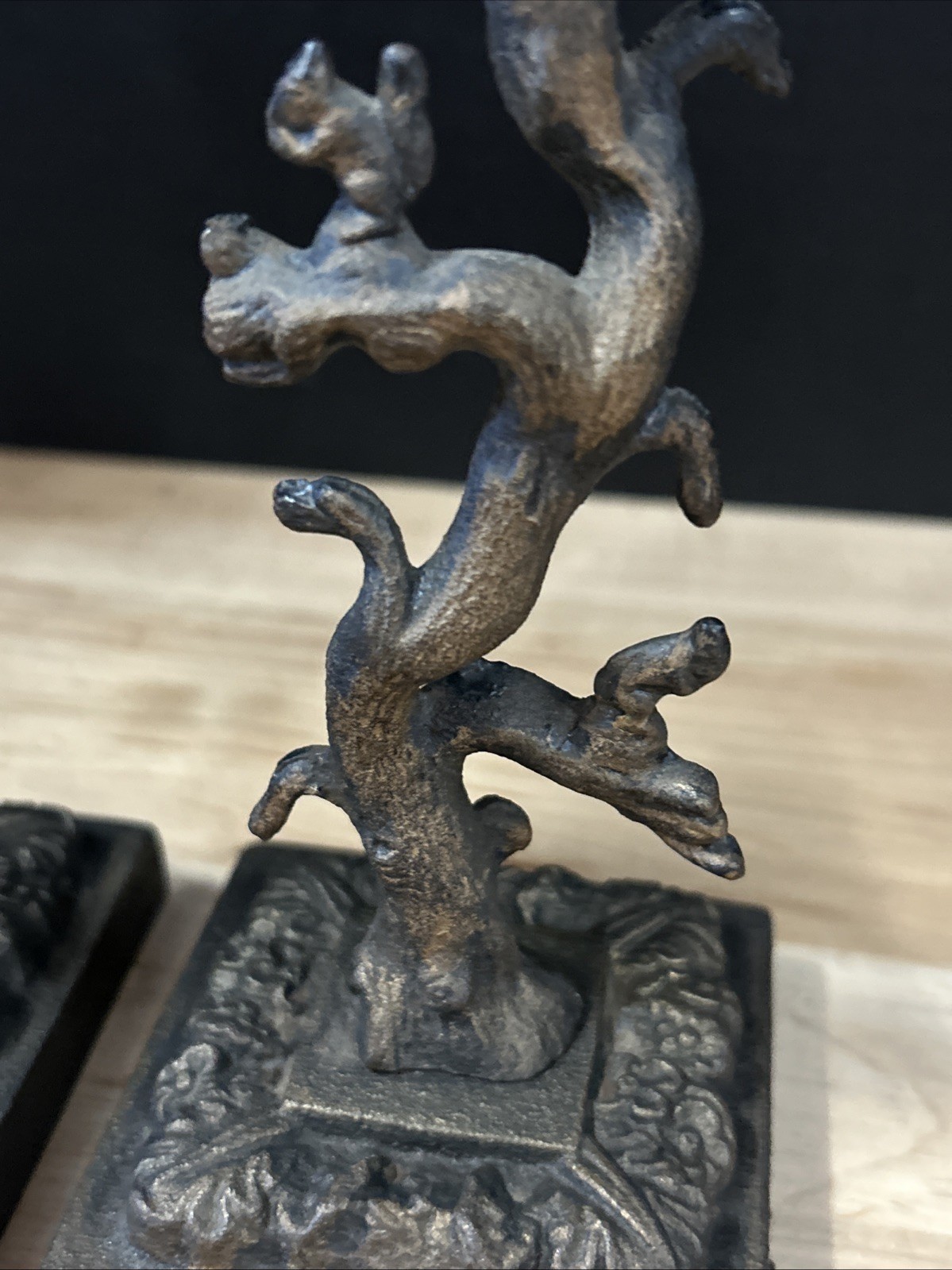 Vintage Pair Iron Mountain Cast Iron Candle Holders Trees With Squirrels 1940’s