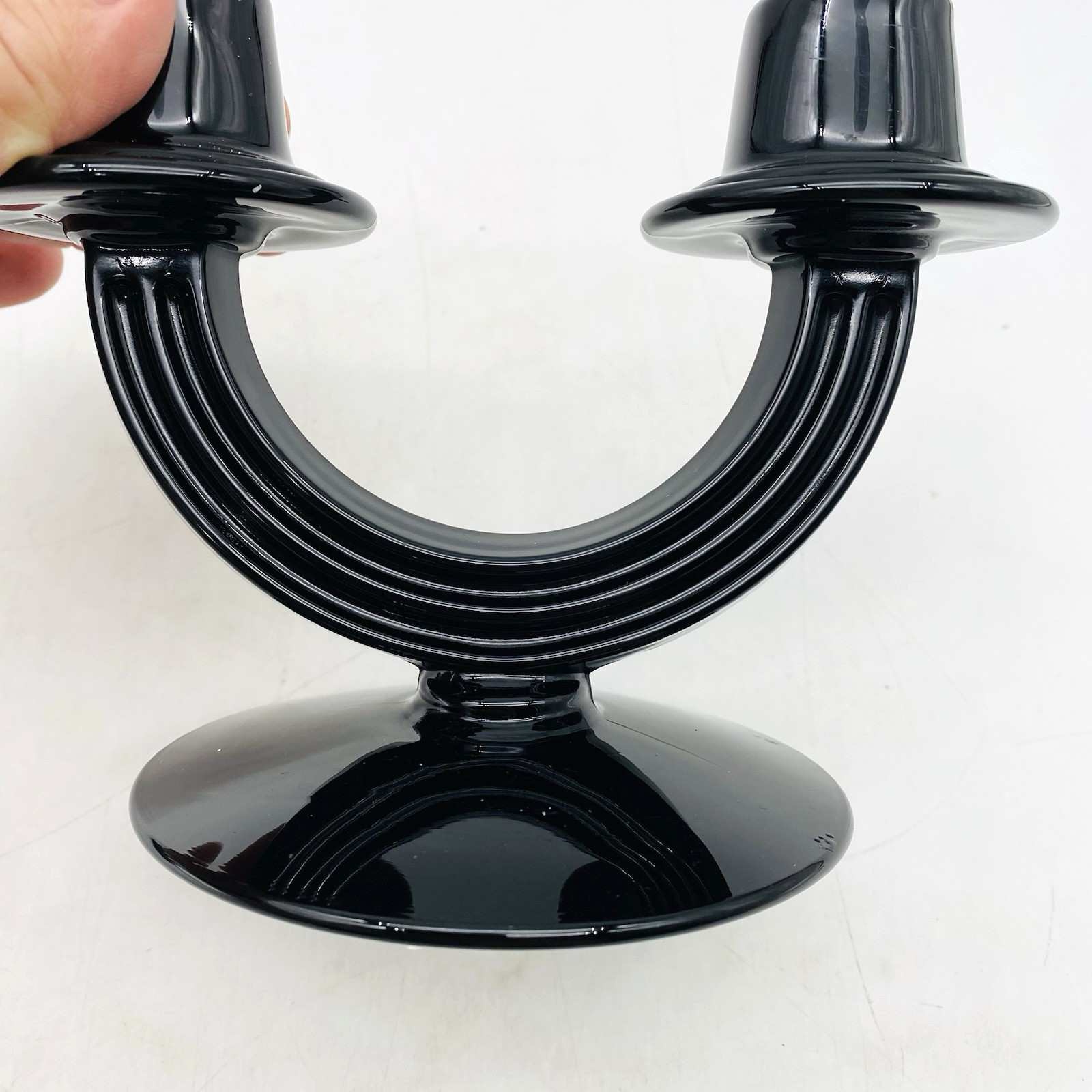 Vintage Fostoria Black Ebony Double Glass Candlestick Holder Art Deco