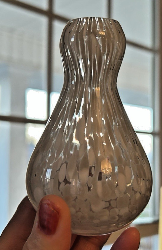 Hand Blown Confetti Drip Glass Bud Vase White & Clear Pontil 4.5″ Murano Style