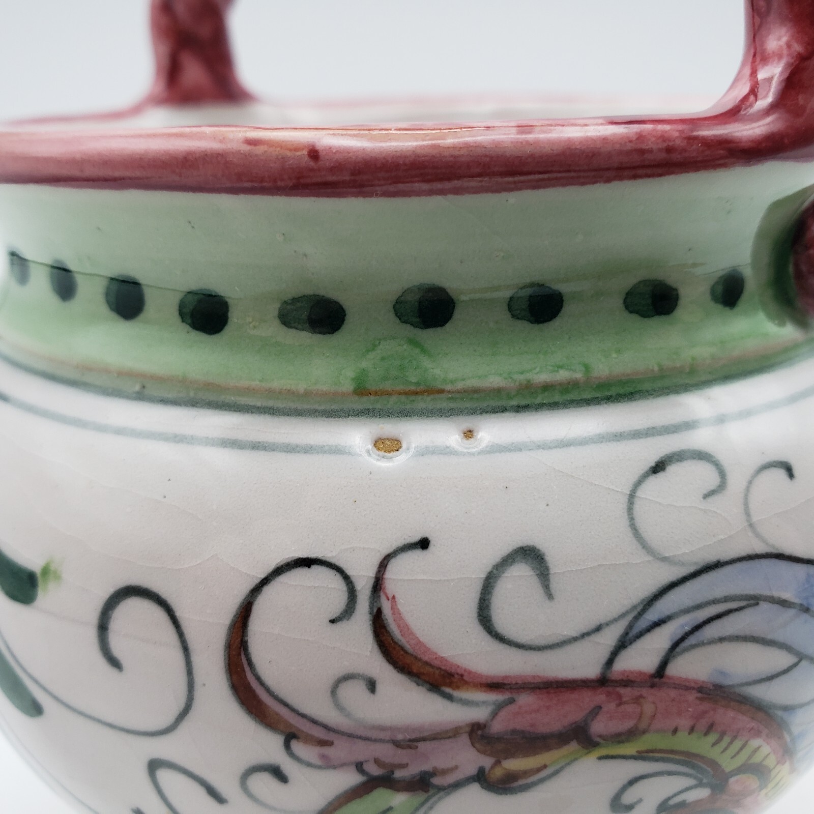 Vintage Italian Ceramic Decorative Basket w Twisted Handle Painted Winged Figure