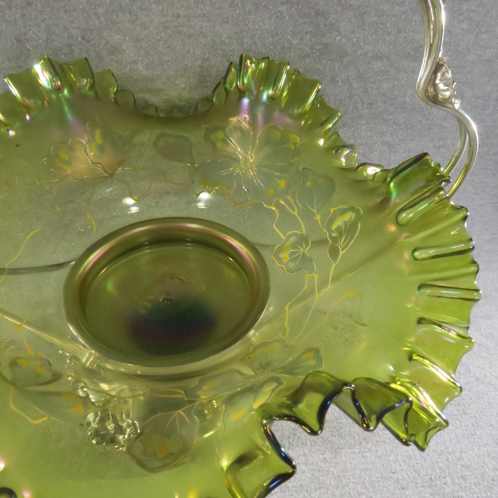 Antique Brides Basket Green Iridescent Ruffled Art Glass Silverplate Art Nouveau