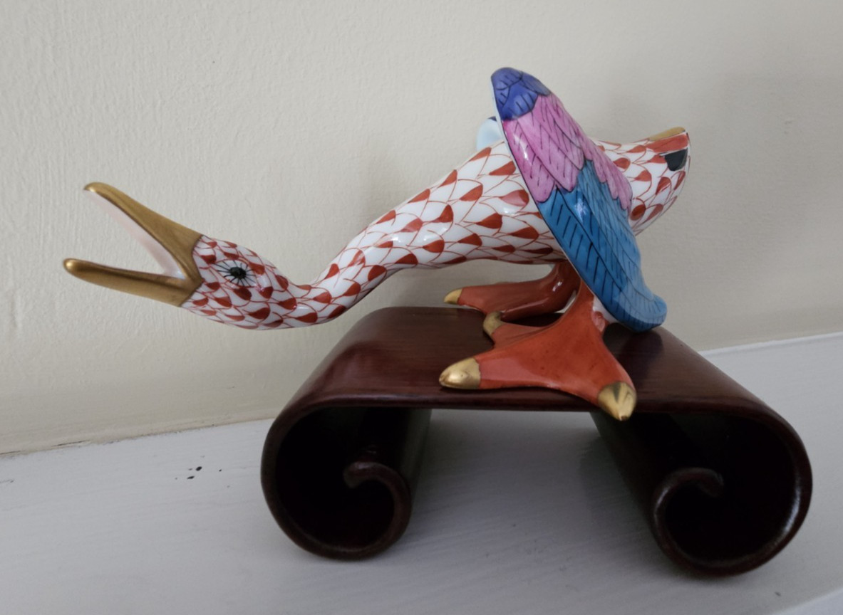 Herend Porcelain Figurine Wild Honking Goose Rust Fishnet Retired Hungary #5052