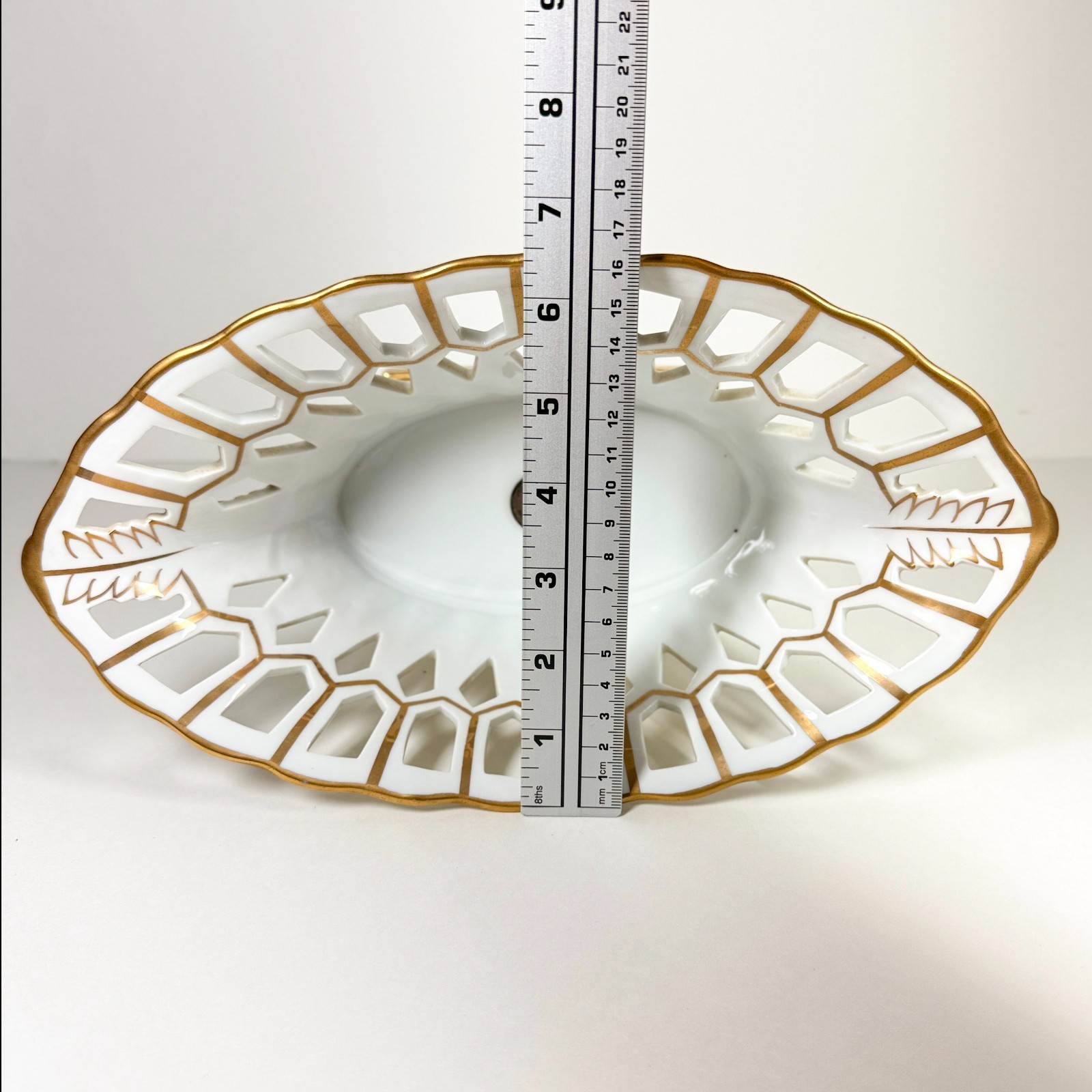 Vintage White & Gold Pierced Porcelain Basket Compote Centerpiece Bowl