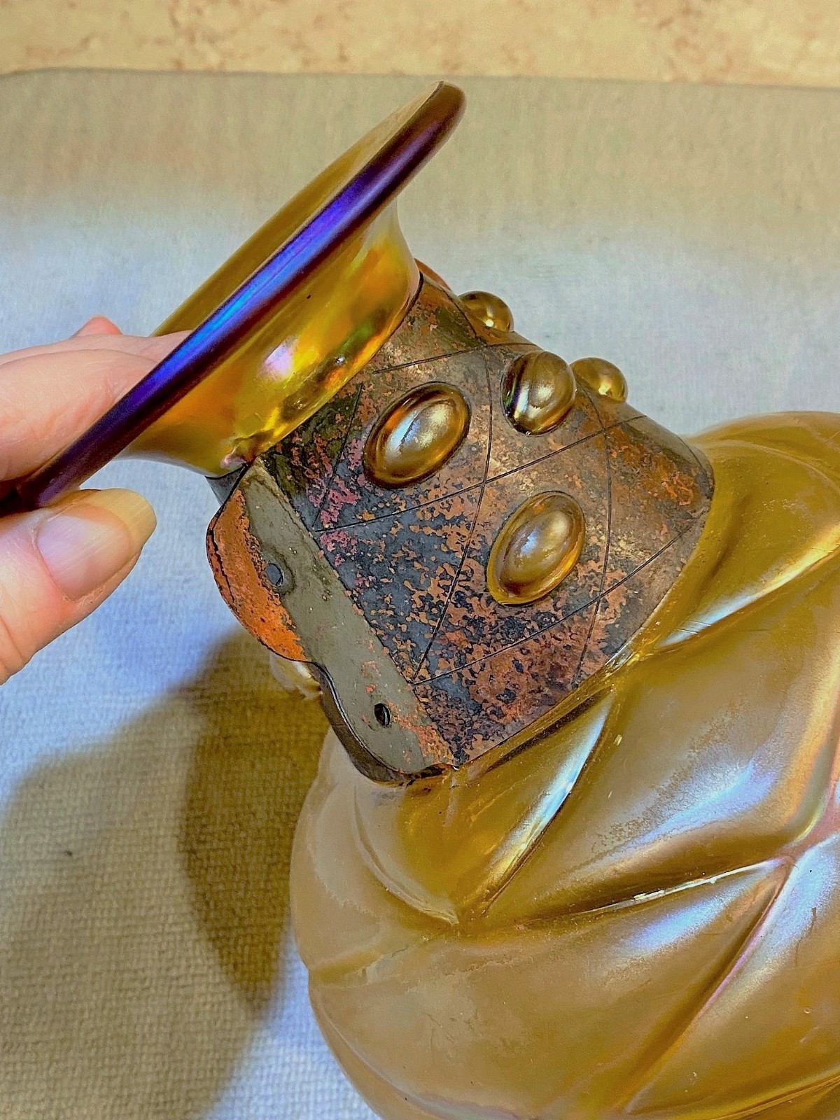 Silvestri Mouth Blown Iridescent Glass Vase Copper Cuff Brutalist Italian 7″