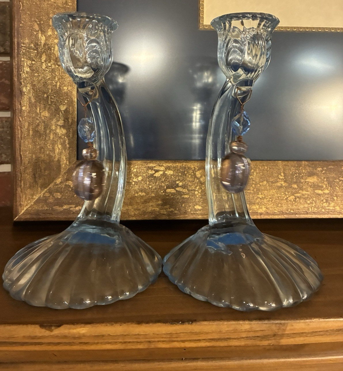 2 Vintage Cambridge Caprice Candlesticks w/Prisms in Moonlight Blue ca 1930’s
