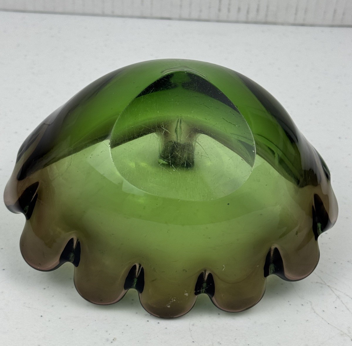 Vintage Murano Art Glass Green Amber Heavy Clamshell Ashtray