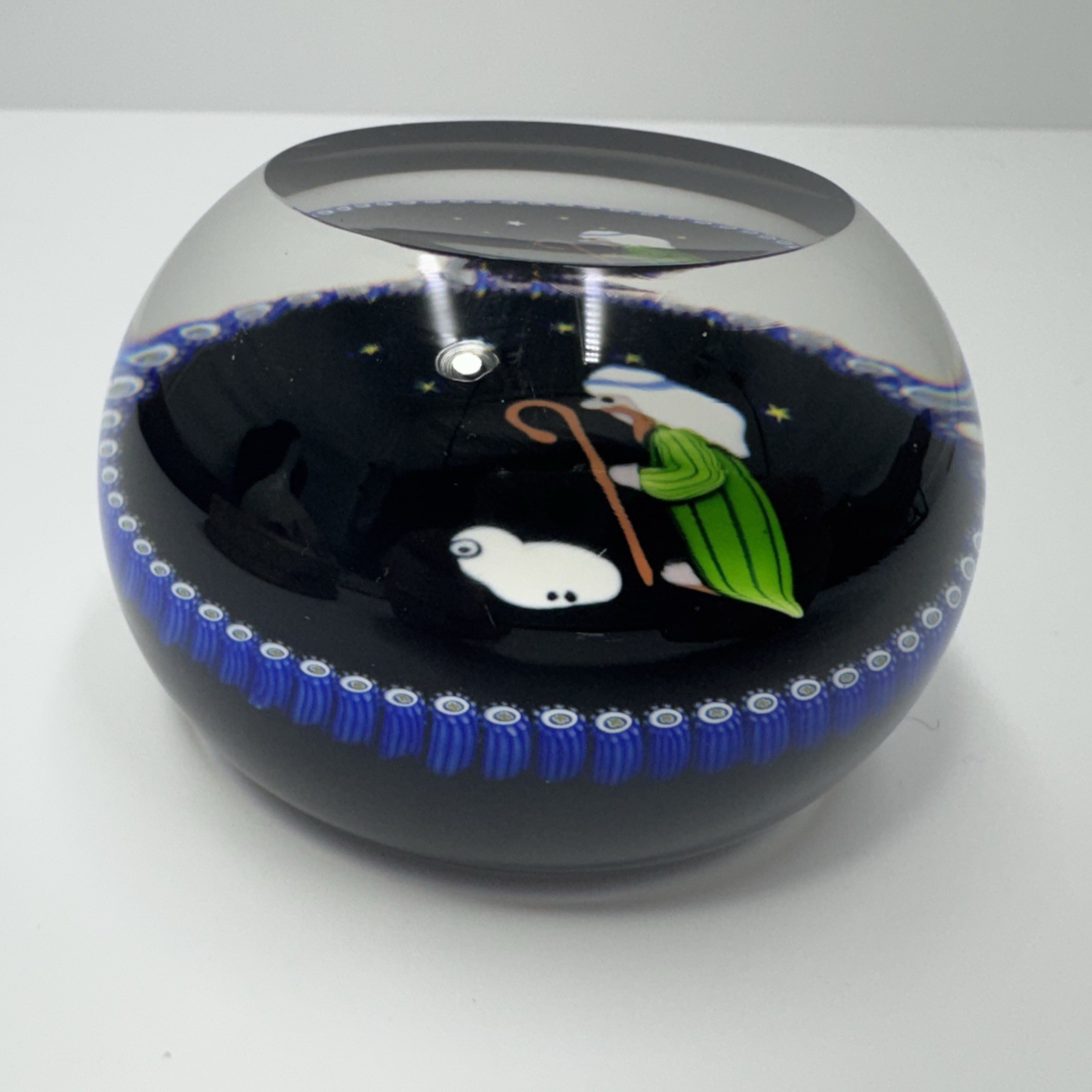 1982 Perthshire Art Glass Paperweight Christmas Shepherd & Lamb Faceted Signed P