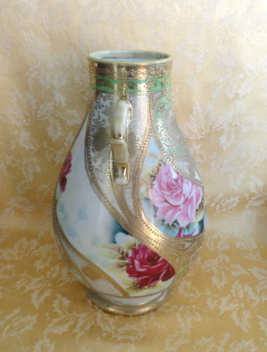 Large Antique Nippon Moriage Hand Painted Handled Vase Rose W/ Gold Gilt 12.5 H