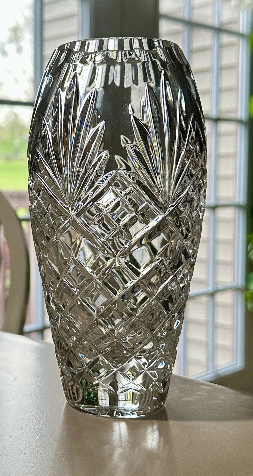 Vintage Hand Cut Heavy Lead Crystal Vase Tapered Top Diamond And Fan Pattern