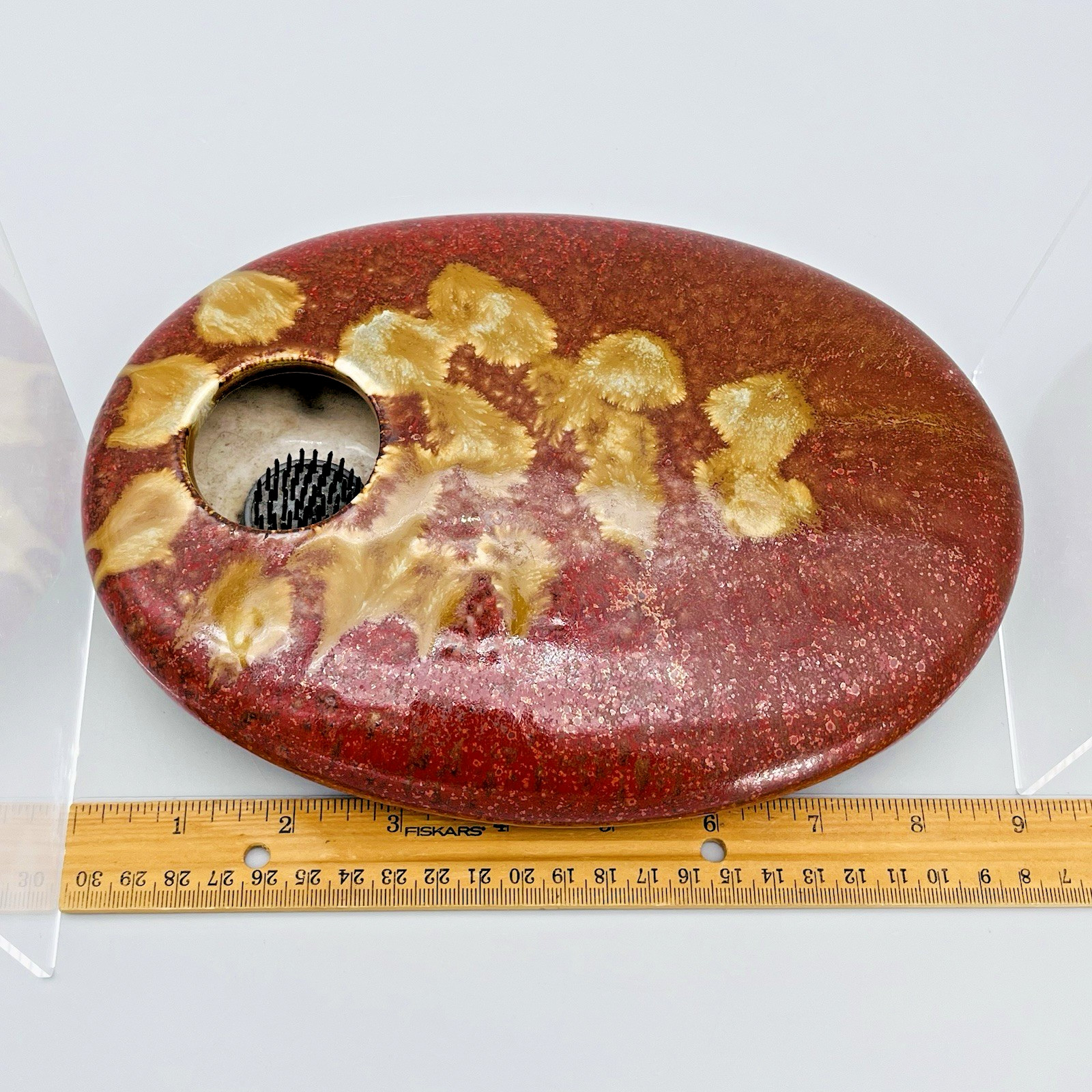 Ikebana Ceramic Red Gold Warm Tone Glazed Oval 9″ Floral Flower Frog Vase MCM