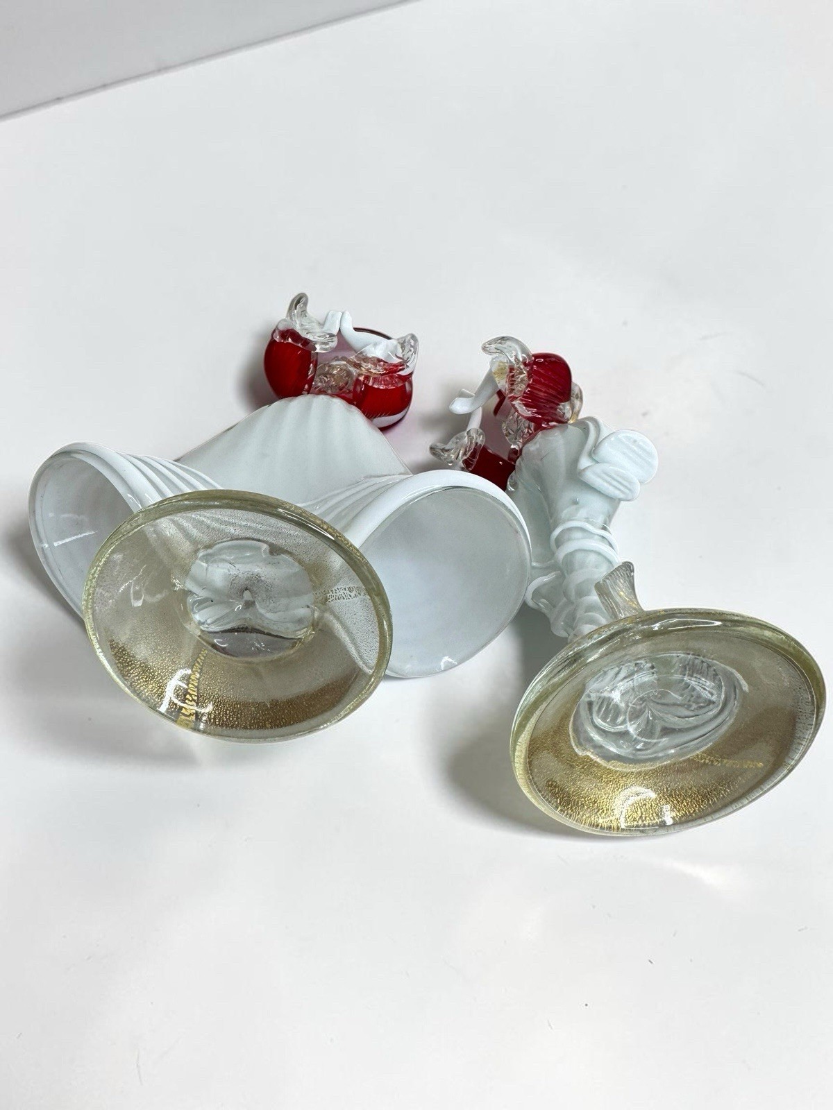 Pair of Dancing Murano Glass figures Red White Mid 20th century Hand Blown