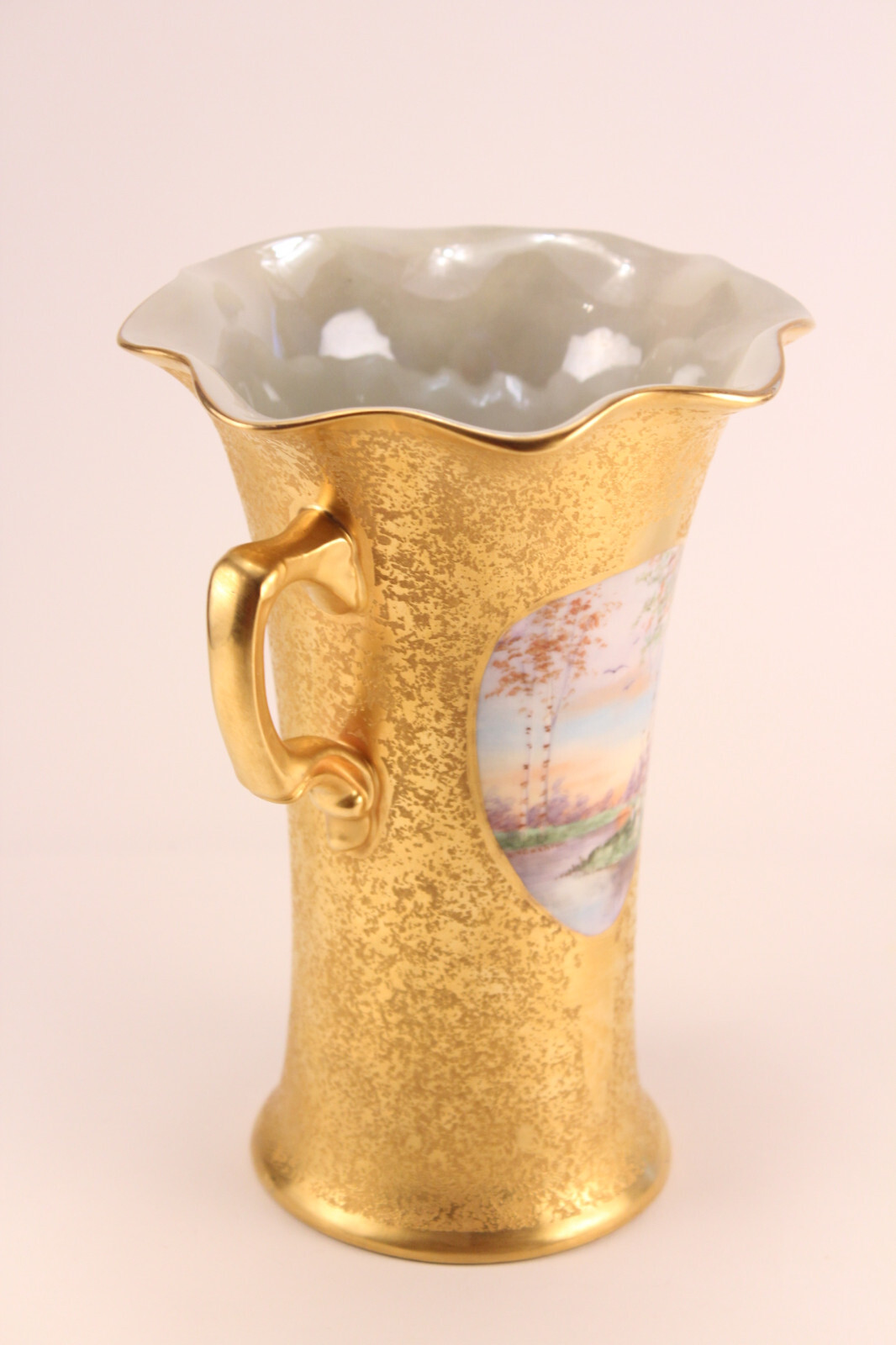 Vtg Antique Gold Encrusted Hand Painted Double Handled Trumpet Vase 1710