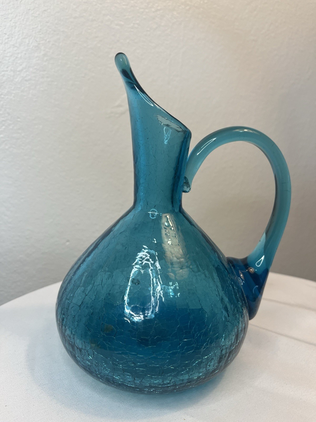 Vtg MCM Blenko Attributed Winslow Anderson Blue Crackle Glass Pitcher 8”