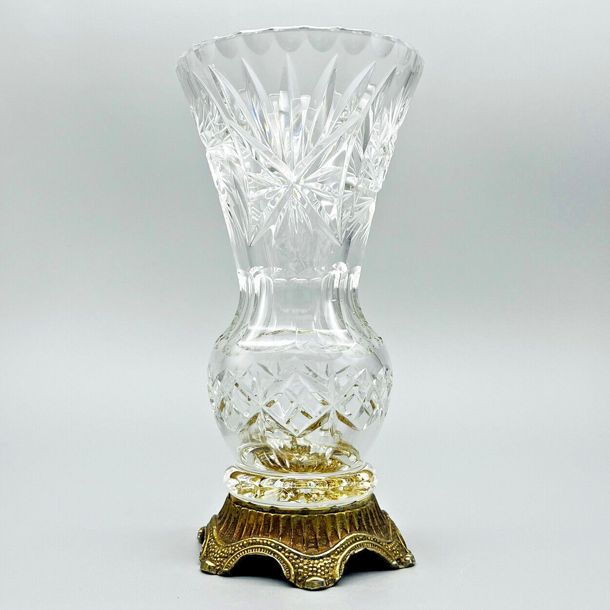 VTG Cut Crystal Trumpet Vase Pinwheel Starburst Formal Ornate Metal Footed Base