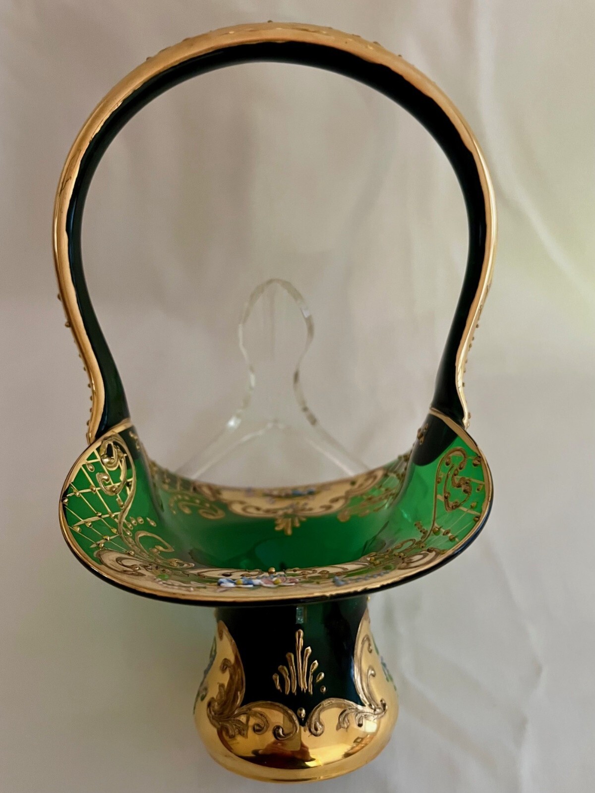 Vintage Murano “Trefouchi” Handblown Green Glass Basket /Gold Gilding /Enamel