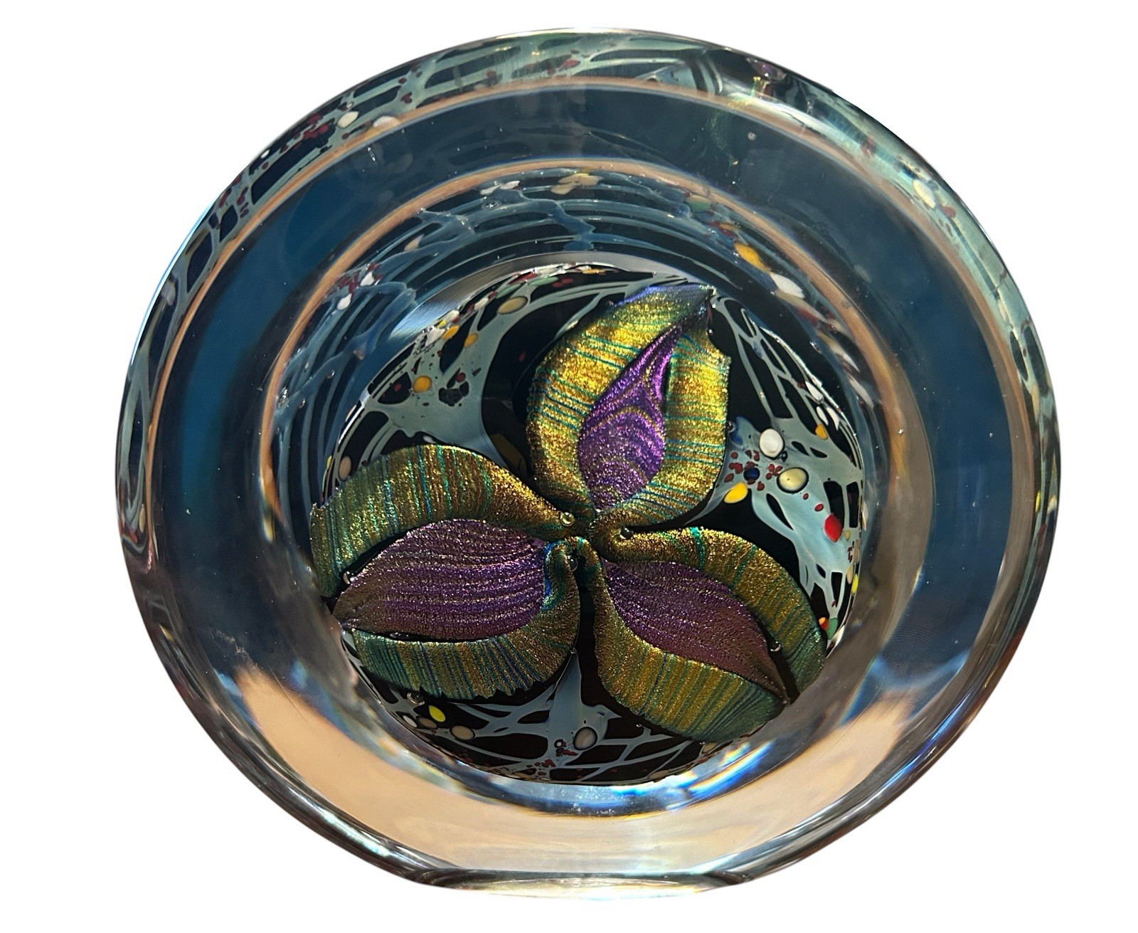 Rollin Karg Dichroic Multicolor Iridescent Art Glass Disc Sculpture Signed 2004