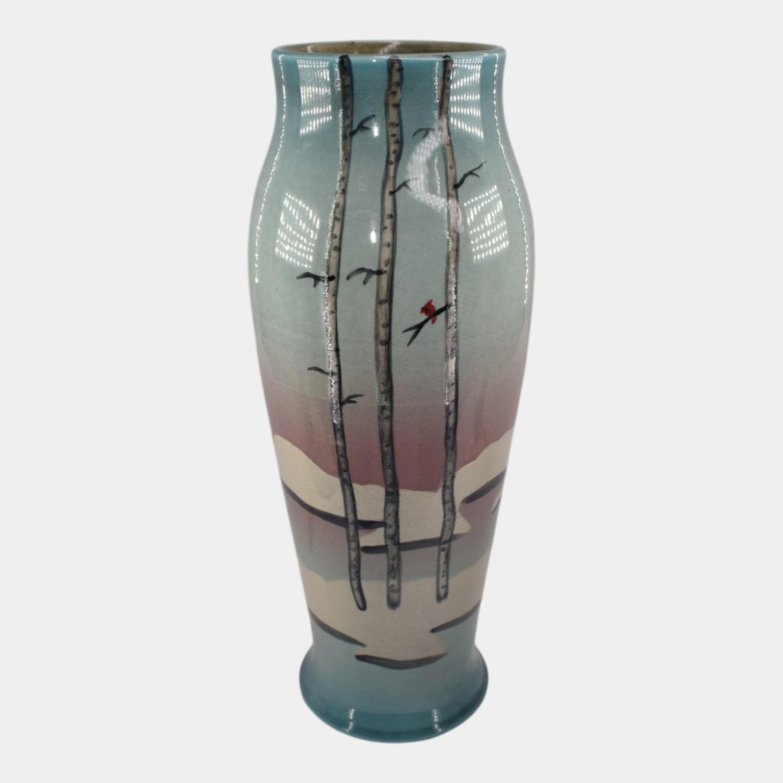 Ephraim Faience Hand Made Pottery Blue Snowy Birch Scenic Vellum Vase