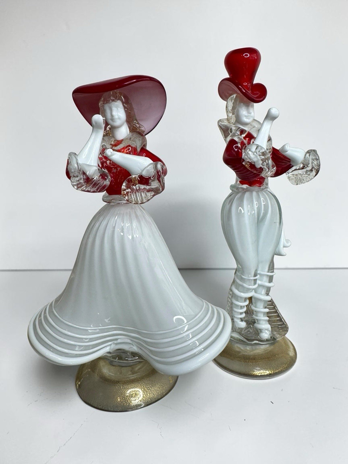 Pair of Dancing Murano Glass figures Red White Mid 20th century Hand Blown